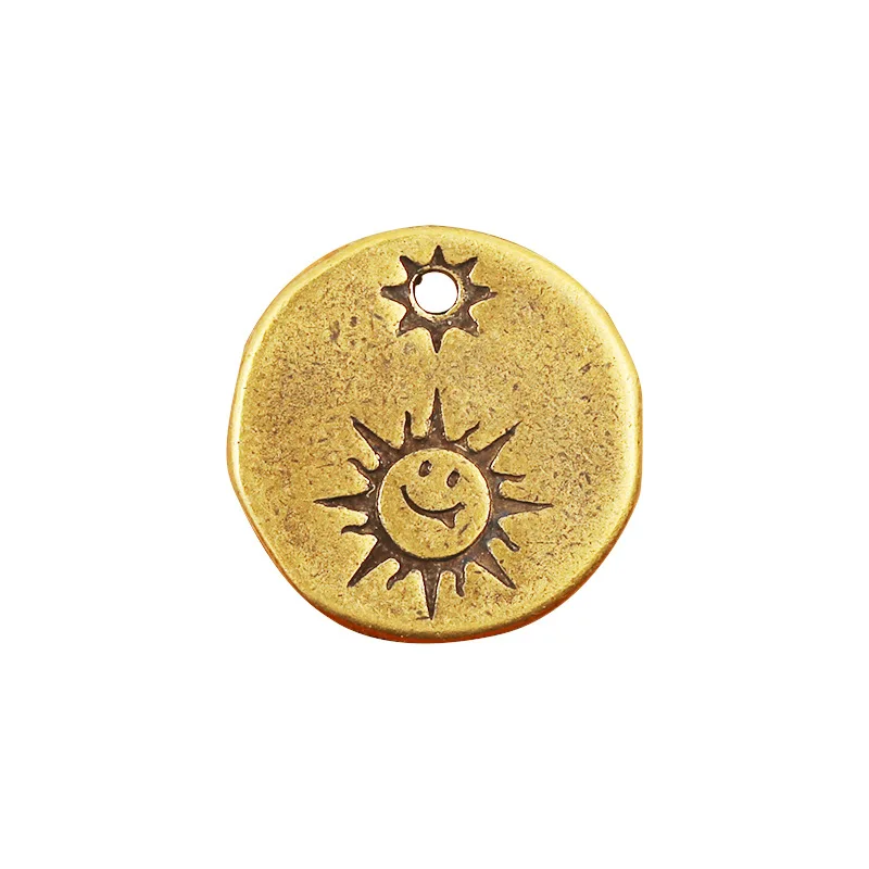 Pure Brass Cute Sun Smile Face Small Round Card Tag KeyChain Pendant Trinket Bag Hanging Jewlery Necklace Bracelet DIY Accessory