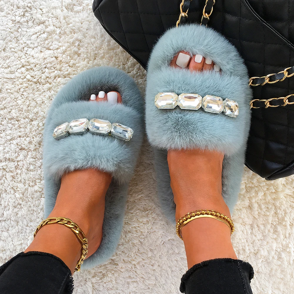 Fur Slides For Women Bling Diamond Decoration Furry Slippers Faux Fluffy Flip Flops With Chain Flat Sandals Summer Casual Shoes