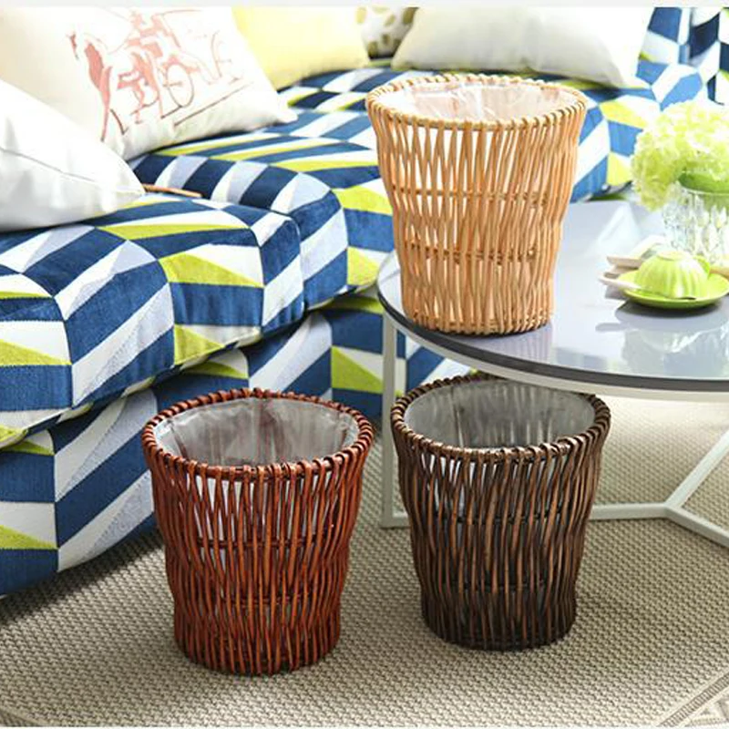 Retro Rattan Trash Can Living Room Paper Bas Kitchen Garbage Bin Office Storage Bucket Garbage Can Dustbin Bathroom Supplies