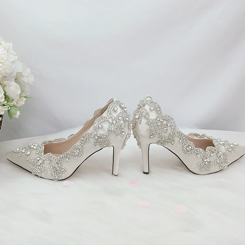 BaoYaFang Ivory Crystal Wedding shoes women high heels Pointed Toe Bridal party dress shoes woman 9cm Thin High Pumps Female