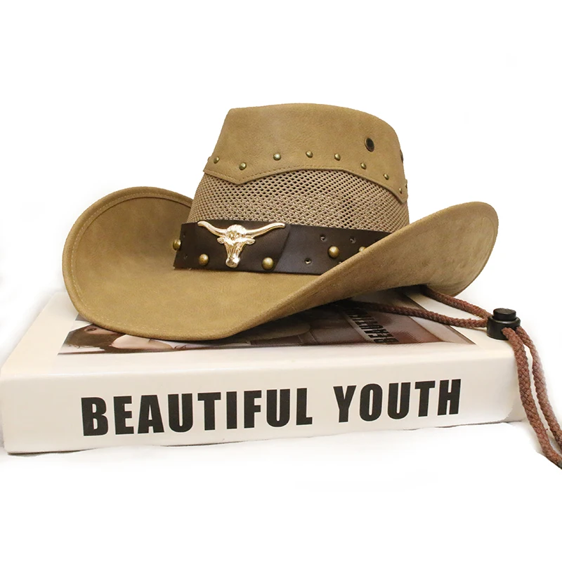 Unisex Women Men Retro Bull Head Leather Band  Roll Up Wide Brim Sombrero Sun Cap Beach PU Cowboy Cowgirl Western Hat (58cm