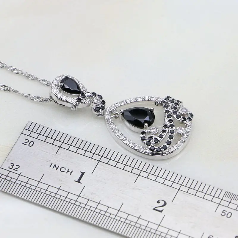 Water Drop Black Rhinestone White Zircon 925 Sterling Silver Jewelry Sets For Women Stud Earrings/Pendant/Necklace/Bracelet