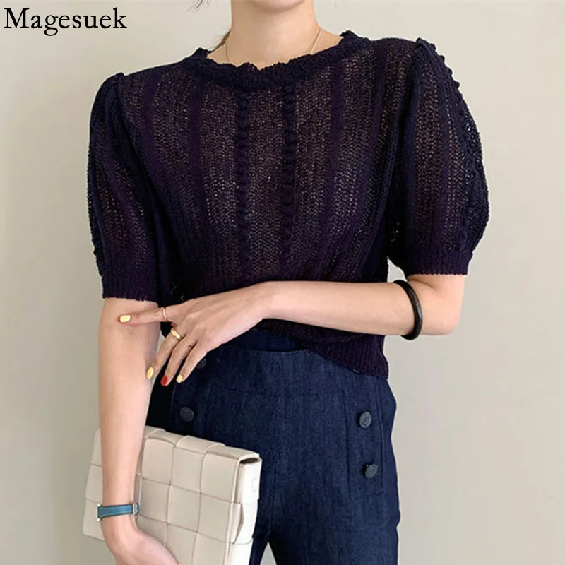 

2021 High Quality Loose Gentle Tops Sweet Slim Summer Women's Knitting New Office Lady Hollow Out Sweaters Pullovers Blusa 15678