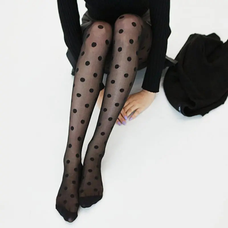 Women Sweet Girls Acrylic Fiber Thin  Sexy Perspective Large Polka Dot Pattern Printed Footed Tights Slim Stockings Jac