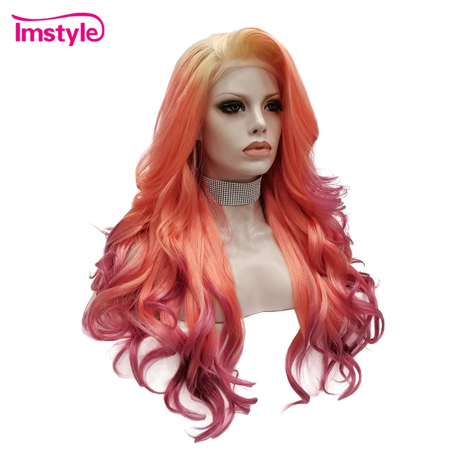 Imstyle Synthetische Lace Front Pruik Ombre Oranje Rode Pruiken Voor Vrouwen Hittebestendige Vezel Lange Golvende Multicolor Pruiken