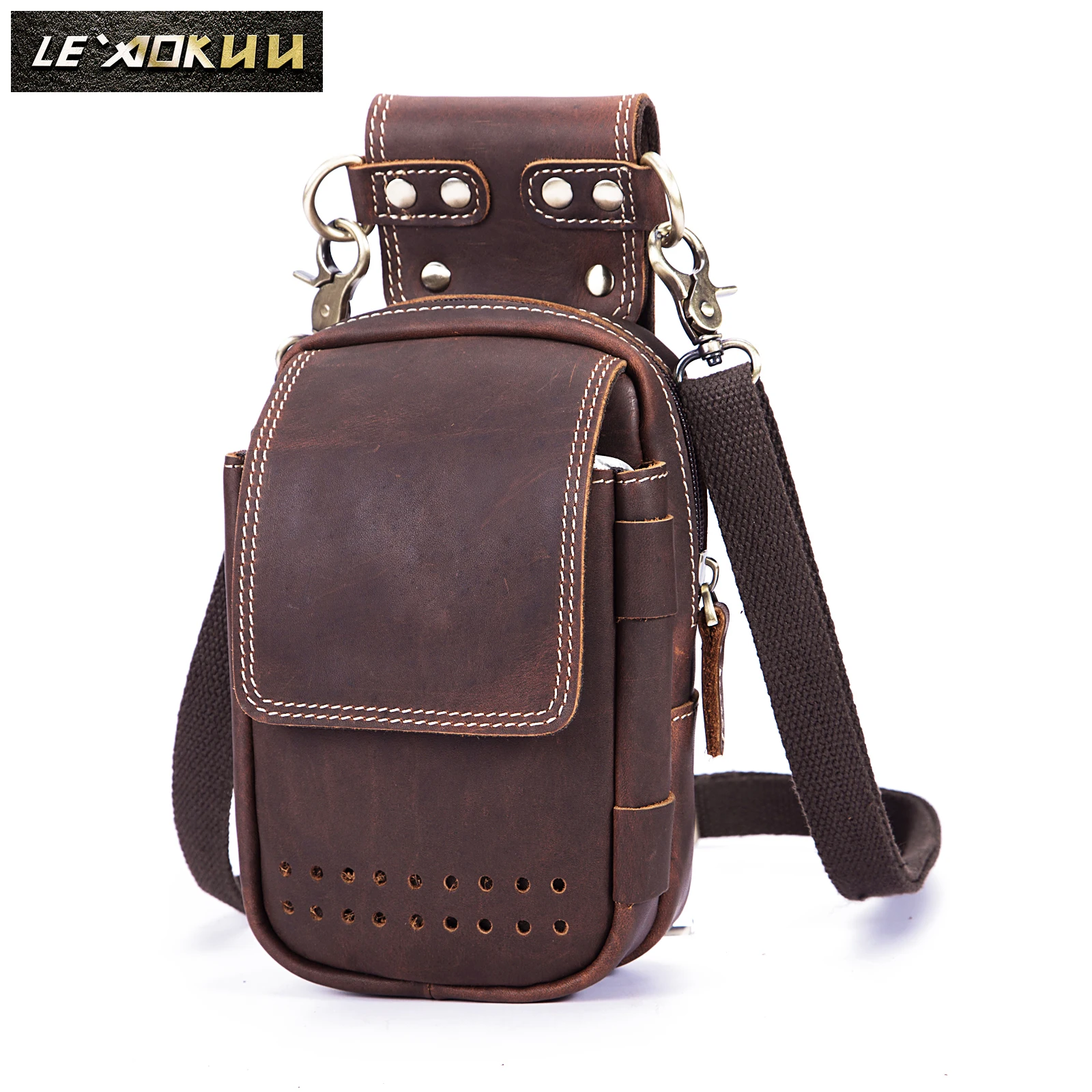 

Original Leather men Casual Design Small Messenger Shoulder Bag Fashion Bum Waist Belt Pack Cigarette Case 6" Phone Pouch 832-db