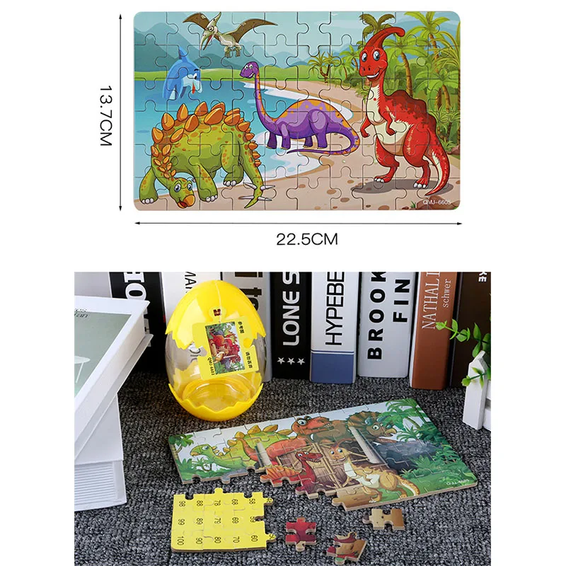 60PCS Wooden Dinosaur Egg Puzzle Jigsaw Funny DIY Tyrannosaurus Animal 3D Puzzles Board Game Early Learning Toys for Boys Kids