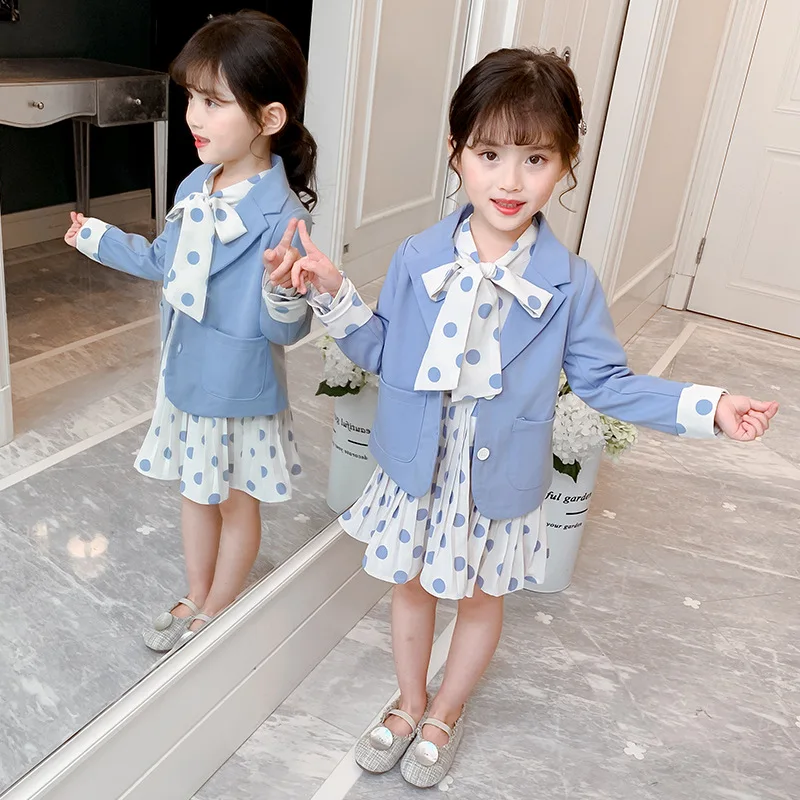 Kids Blazers Sets Spring Autumn Girls Casual 2pcs Dress Suits Jackets Single Breasted Polka Dot Sweet Children\'s Clothes H1