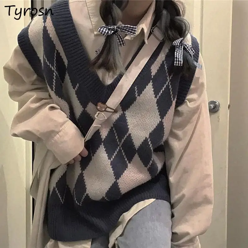 

Argyle Sweater Vest Women Sweet Preppy Style Knitting Sleeveless Sweaters Retro High Street V-neck Loose Jumpers Students Trendy