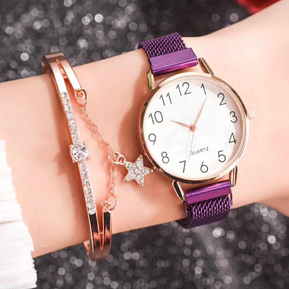 Simple Magnetic Woman's Watch Set 2pcs Mesh Belt Rose Gold Ladies Wristwatch Luxury Female Watches Clock Bracelet zegarek damski