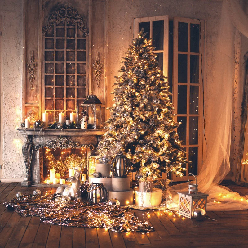 Laeacco Old Rural Room Christmas Festivals Tree Fireplace Gift Party Candle Gift Floor Interior Photo Background Photo Backdrops