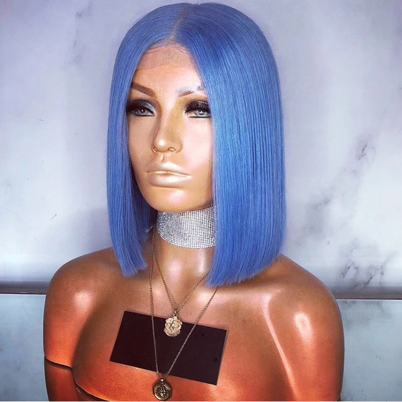 DLME Blue color Short Bob Wig For Black Women Heat Resistant Hair Blue Synthetic Lace Front Wigs Cosplay wig