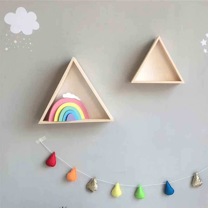 2Pcs Nordic Wall Mounted Shelf Kids Room Wooden Triangle Floating Decorative Shelves Storage Rack Nursery Home Decor Organizer