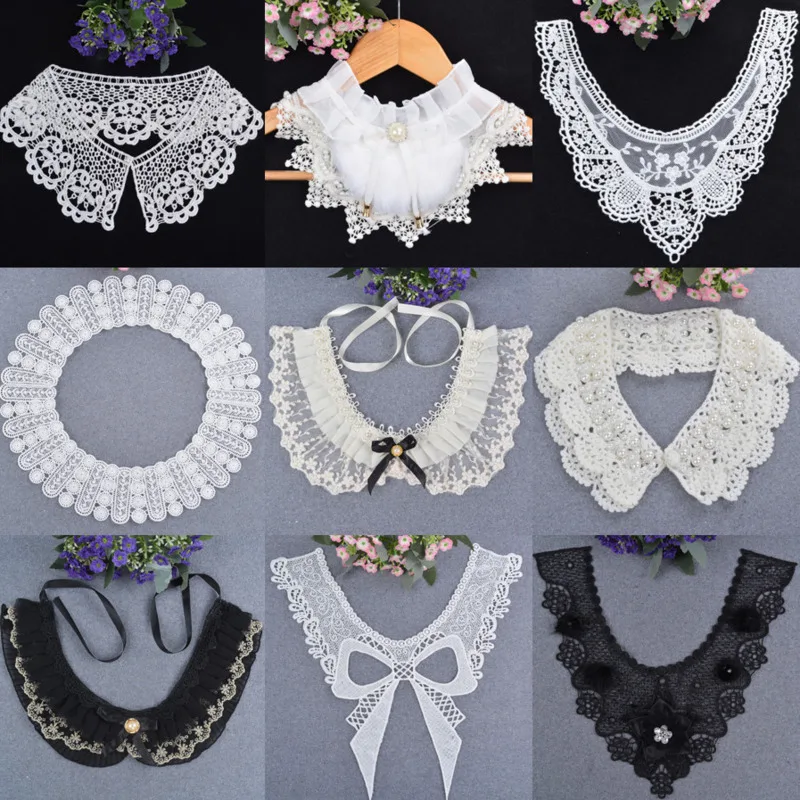 Multiple Hand Crochet Lace Nail Pearl Rhinestone Fur Collar Ladies Shirt Embroidery Appliques Reversible Sequins Clothing Decor