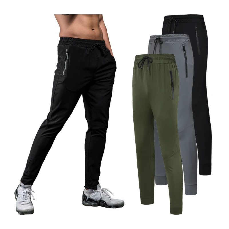 Running Gym Trousers Summer Men Silk Breathable Workout Sports Pocket Training Sweatpants Causal Drawstring Thin Joggers Pants