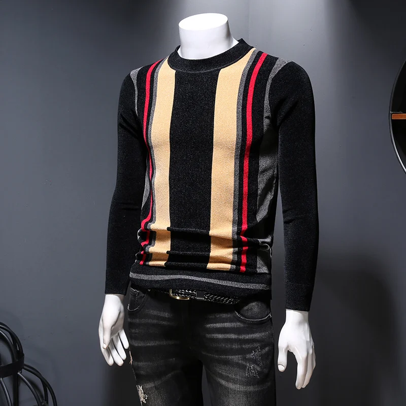 Casual Fashion Pullover Men Round Neck Slim Fit Striped Sweater Males Elastic Mixed Color Jacquard Knitting Tops Autumn Winter