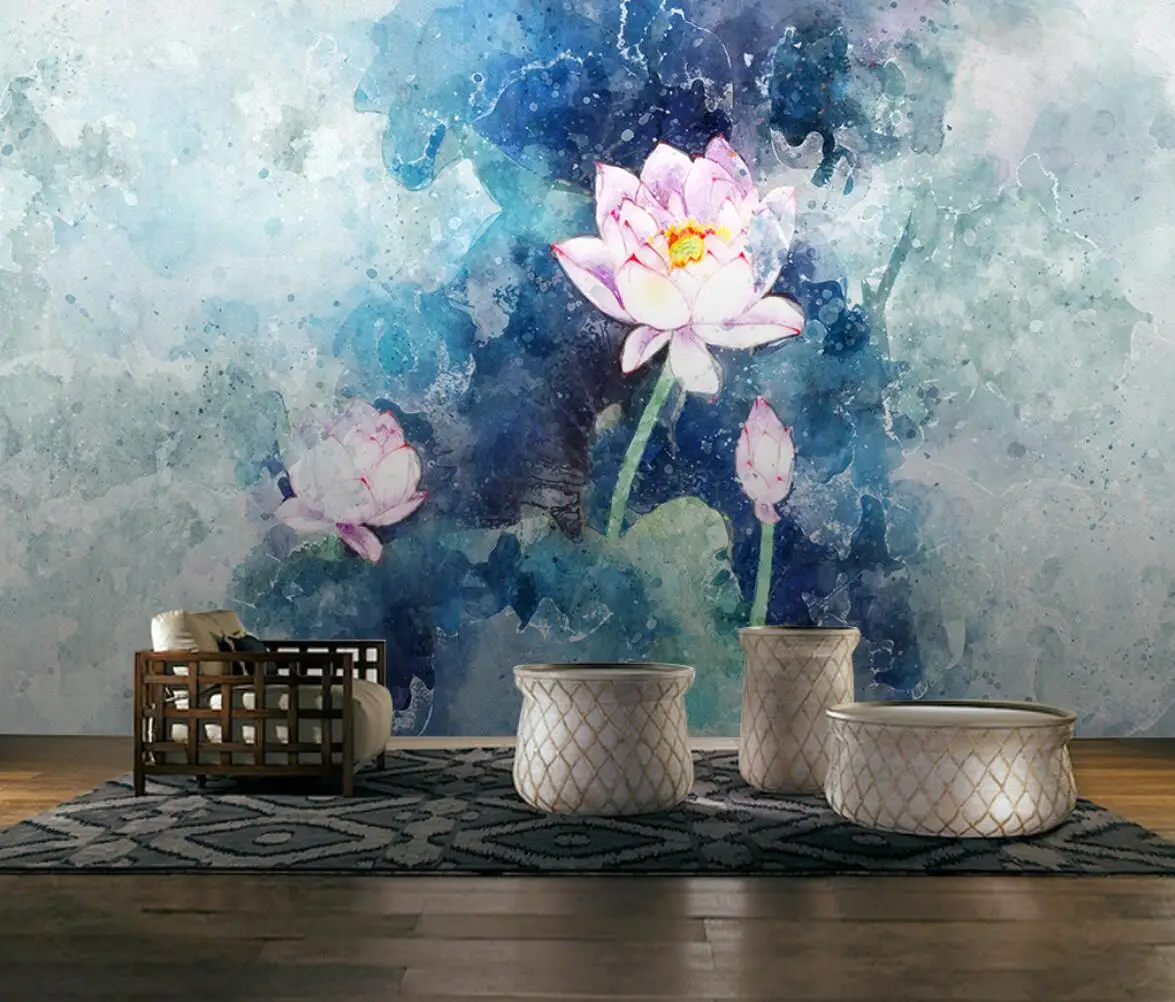 Custom Abstract Lotus Background Wall Mural 3D Wallpaper New Chinese Ink Elegant Design Papel De Pared for Home Decor