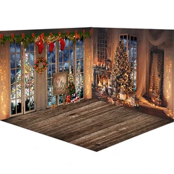 Photography Backdrops Christmas Party Background Cuddle Up Dark Wooden Cozy Cabin Room Backdrops Window Light Tree Gifts Stove