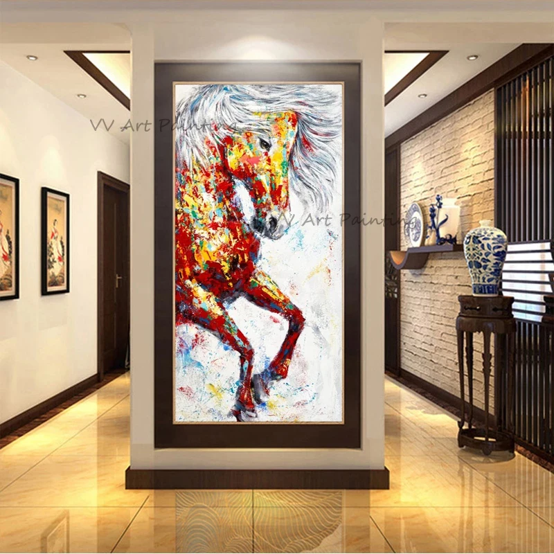 Abstract Pop Art Galloping Horse Canvas Oil Painting Handmade Multicolor Splatter Animal Artwork For Living Room Home Decoration