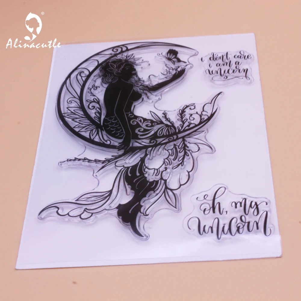 Alinacutle CLEAR STAMPS Mermaid With Moon Butterfly DIY Scrapbooking Card Album Paper Craft Rubber Transparent Silicon Stamp