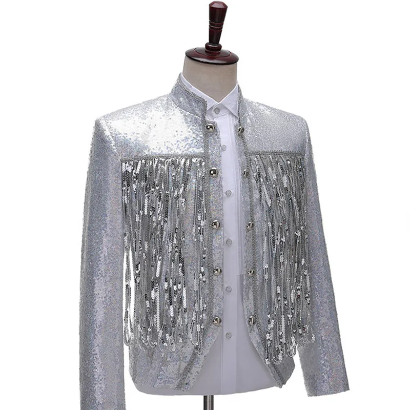 

Красочные светодиодные фонари с блестками и кисточками, куртка для мужчин, певица, бар, ночной клуб, концертная сцена, тонкое пальто с воротником-стойкой, светящийся костюм танцовщицы