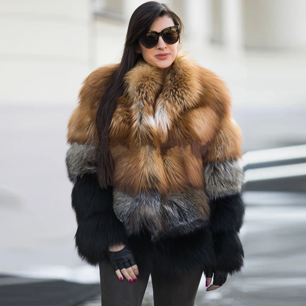 High Quality Real Red Fox Fur Jacket Stand Collar Luxury Women Real Fox Fur Coat Medium Length Trendy Fur Overcoat Winter Female