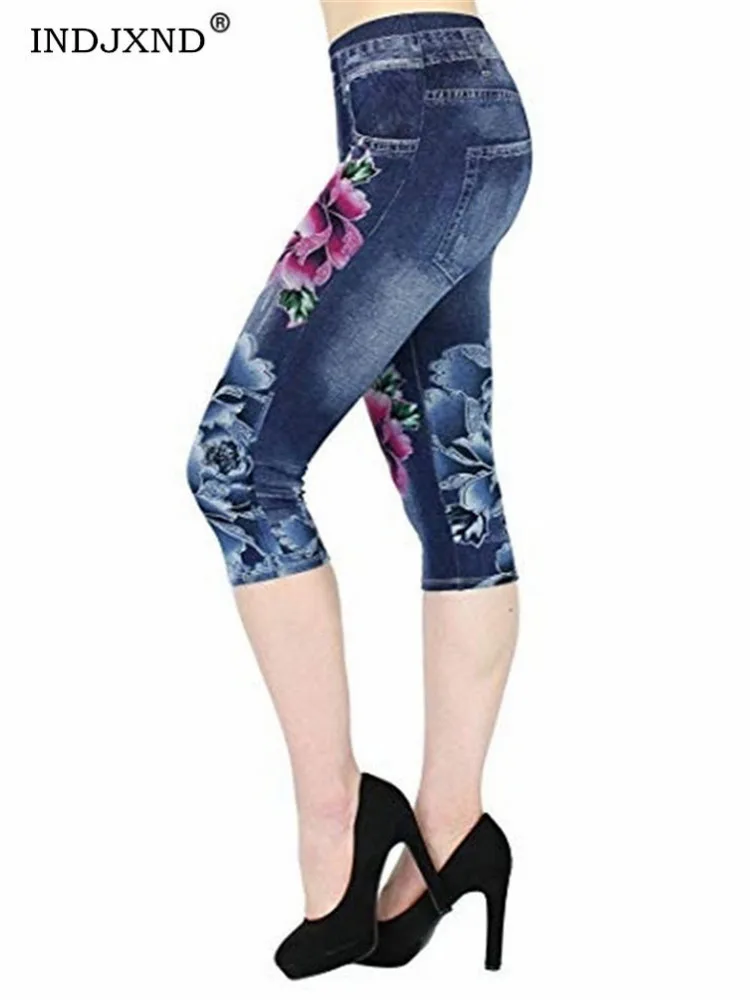 YGYEEG Fashion Women Seamless Leggings Floral Print Pencil Pants Casual High Waist Faux Denim Trousers Bottoms Drop Shipping