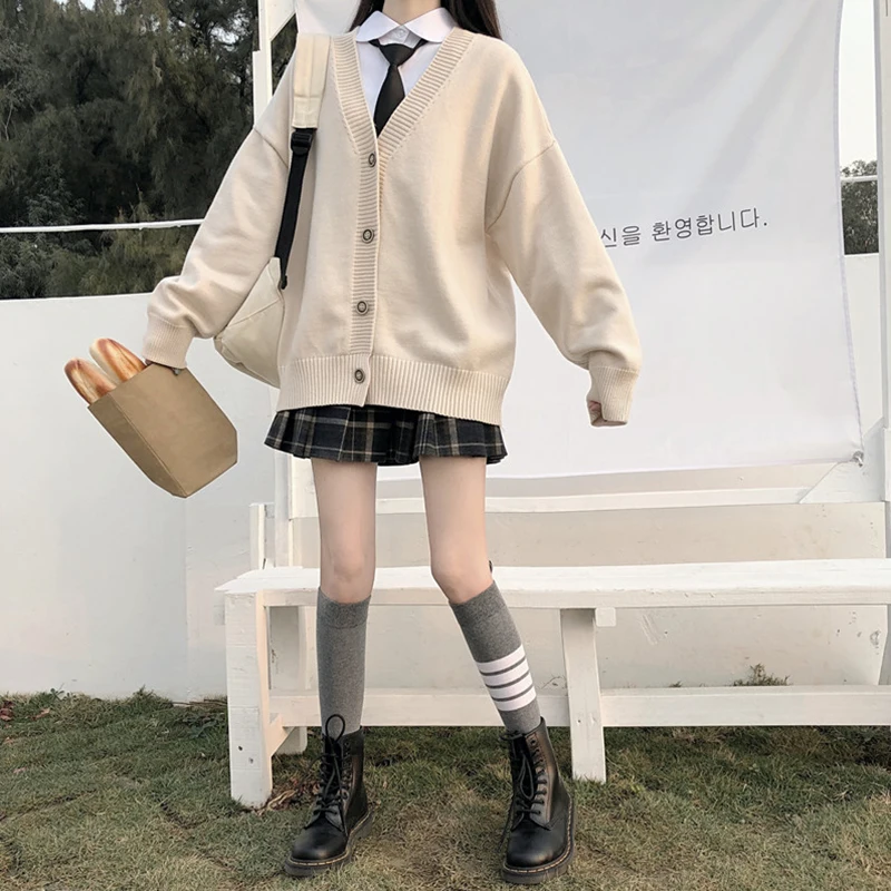 Japanese fashion College jk Loose V-neck Cardigan New Sweater Female Outer Wear JK Sweater Coat japanese school uniform