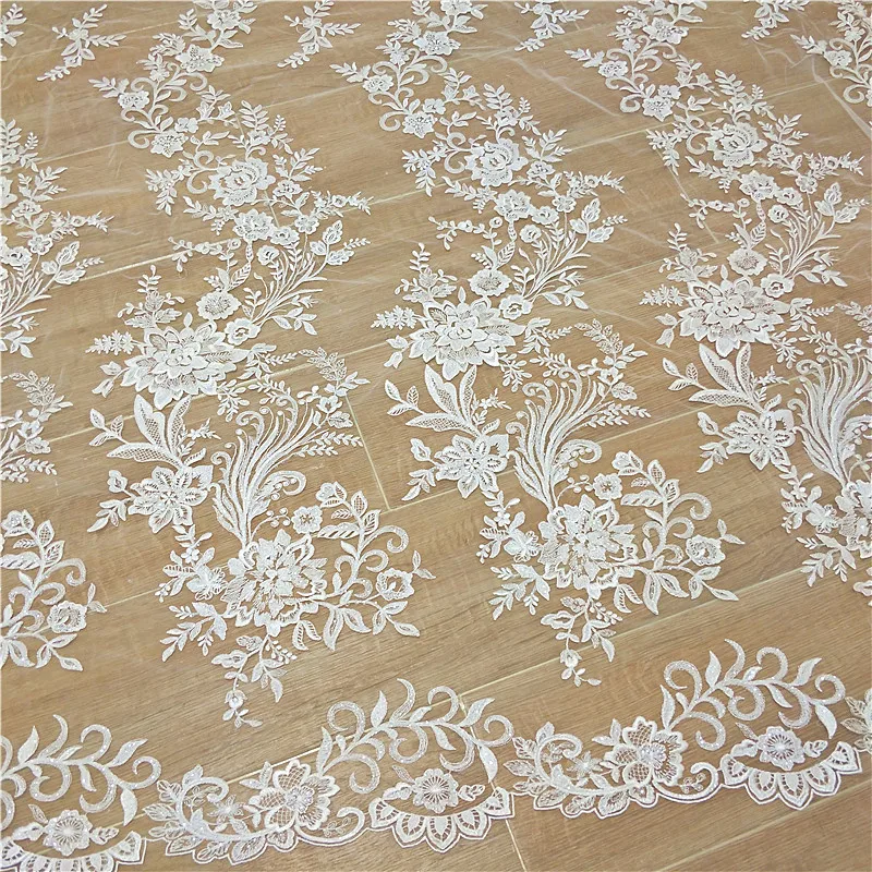 Fashionable french lace fabric with sequins lace fabric 130cm width dress lace ivory lace sell by yard