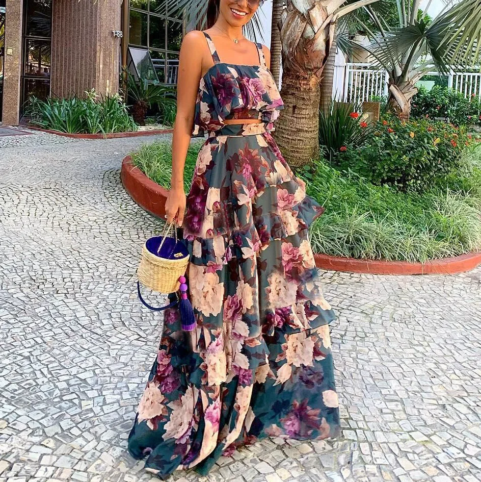 TEELYNN sleeveless crop top + maxi skirt women two pieces suit dresses vintage floral print ruffles summer set vestidos robe