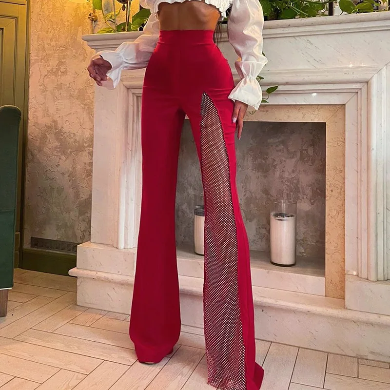 Street Fashion Flared Pants  Women Grenadine High Waist Pants for Women Glitter High Slit Boot Cut Flared Trousers 2021 Autumn