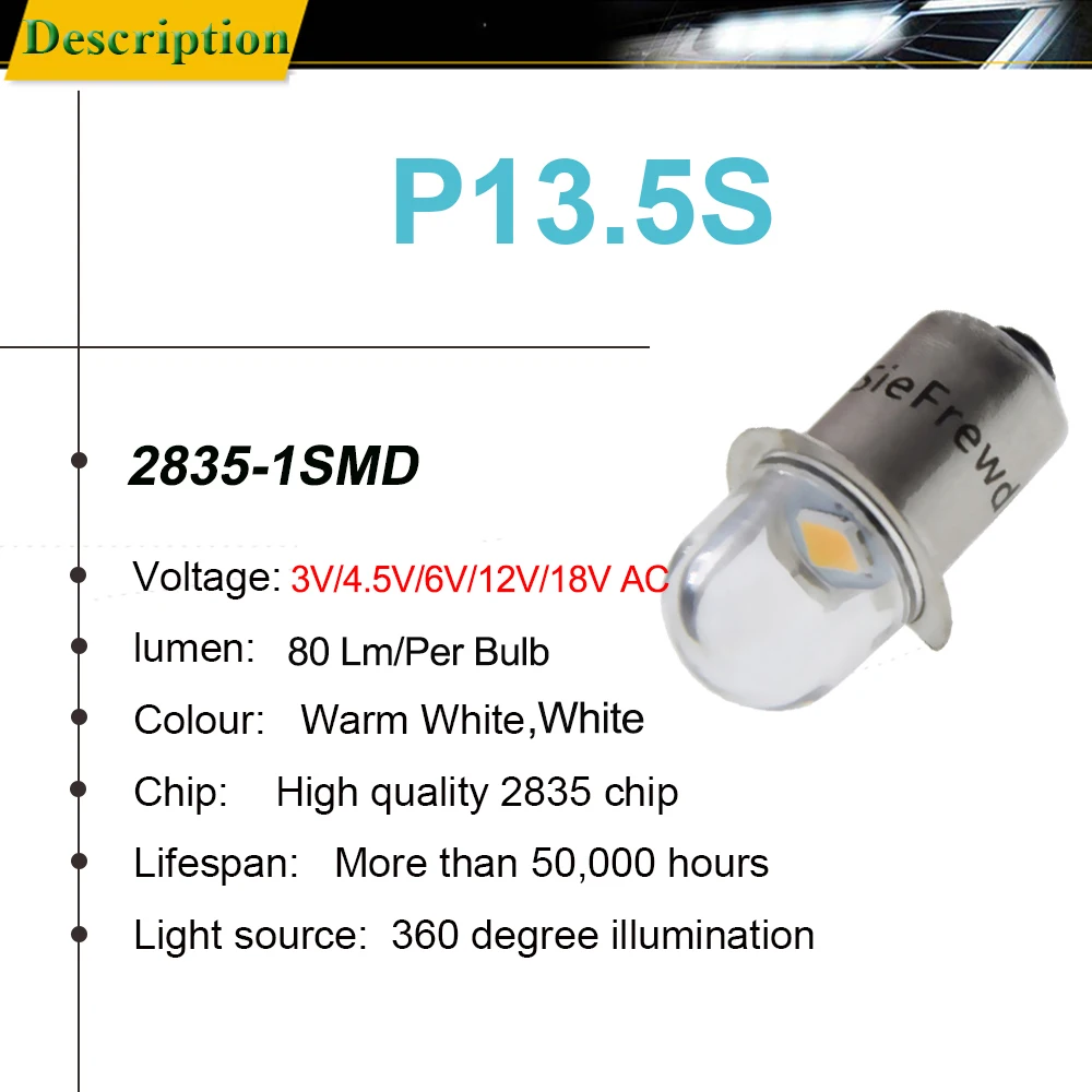 Bombilla LED p13.5S para Maglite, 3V, 4,5 V, 6V, 12V, 18V, CA, lámpara de repuesto, linterna de emergencia, luz de trabajo, blanco cálido, 2835 SM,