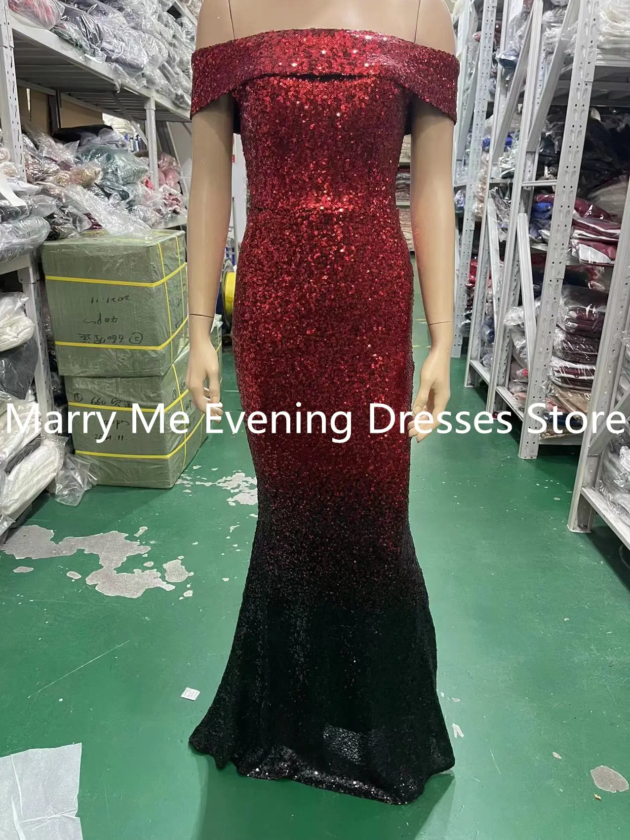 Women Luxury Black & Gold Gradient Sequined Mermaid Dress Sexy Off Shoulder Long Evening Dress Ladies Elegant Club Party Dresses