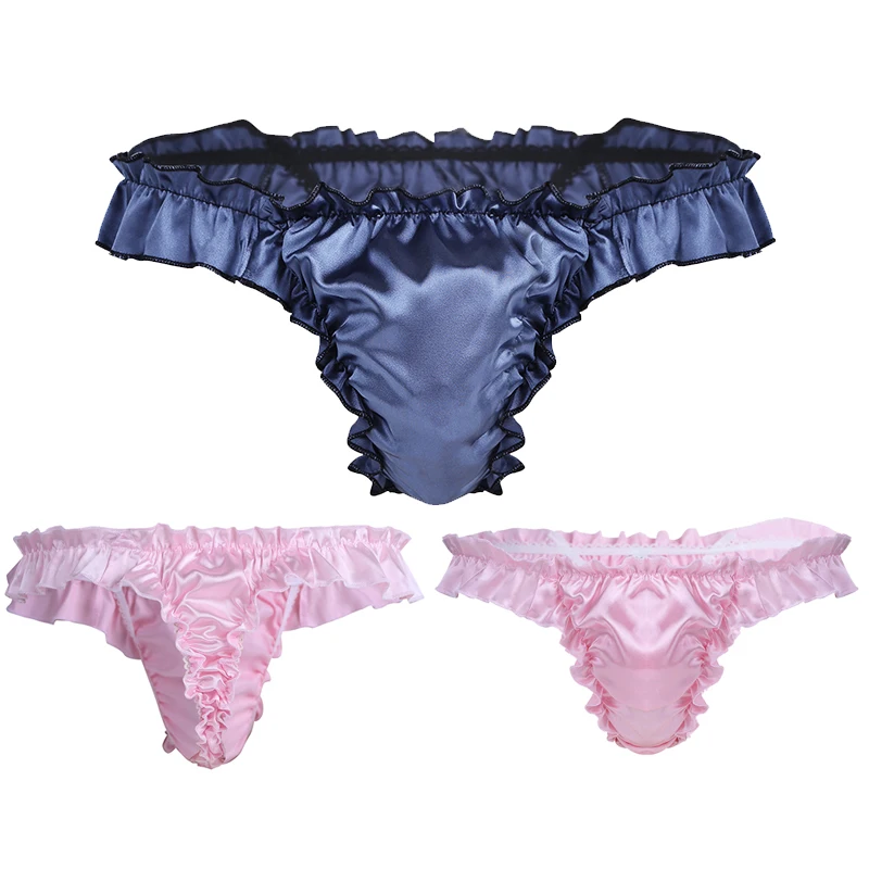 Men's Sissy Lingerie Sexy Briefs Gay Ruffled Frilly Satin Bikini G-strings Micro Thong Panties T-back Underpants Underwear