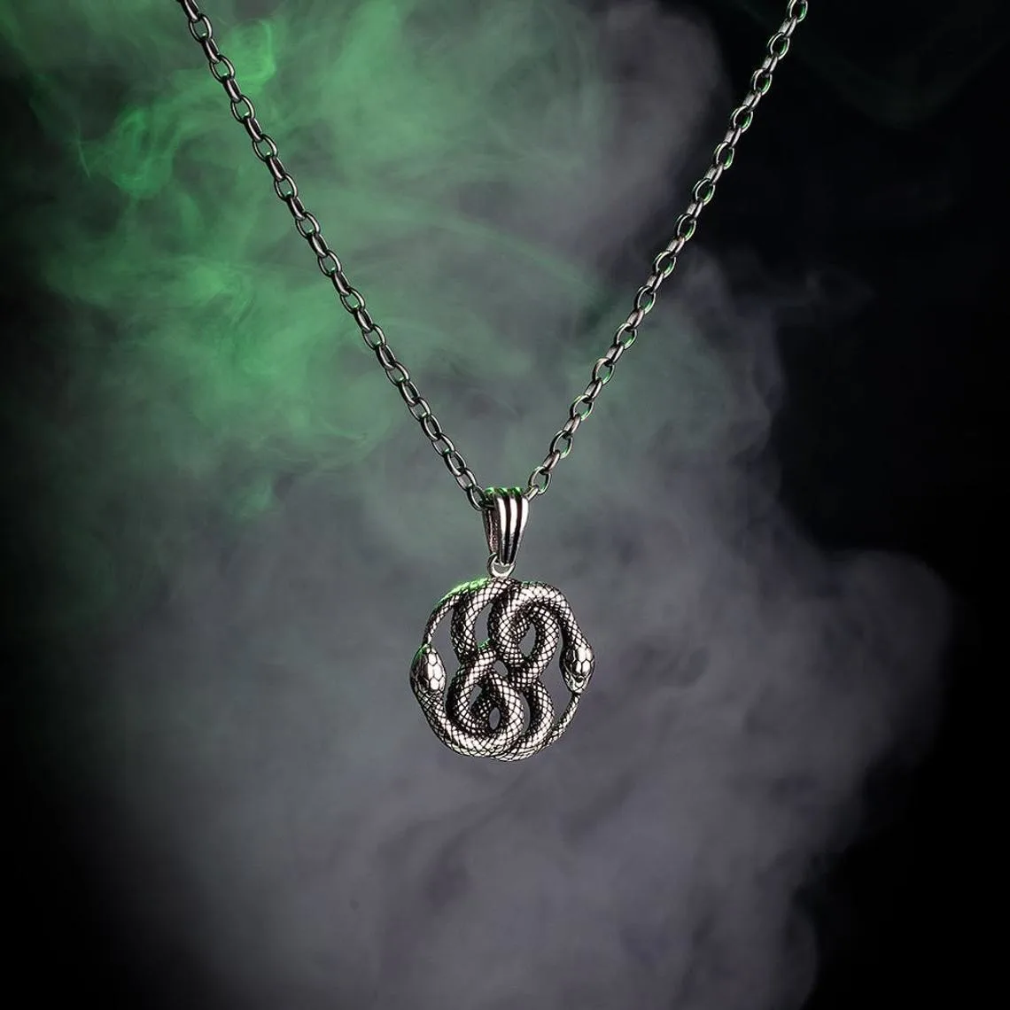 925 Sterling Silver Double Snakes Pendant with Chain For Men and Ouroboros Figure and Auryn Motif Special Jewelry Necklace