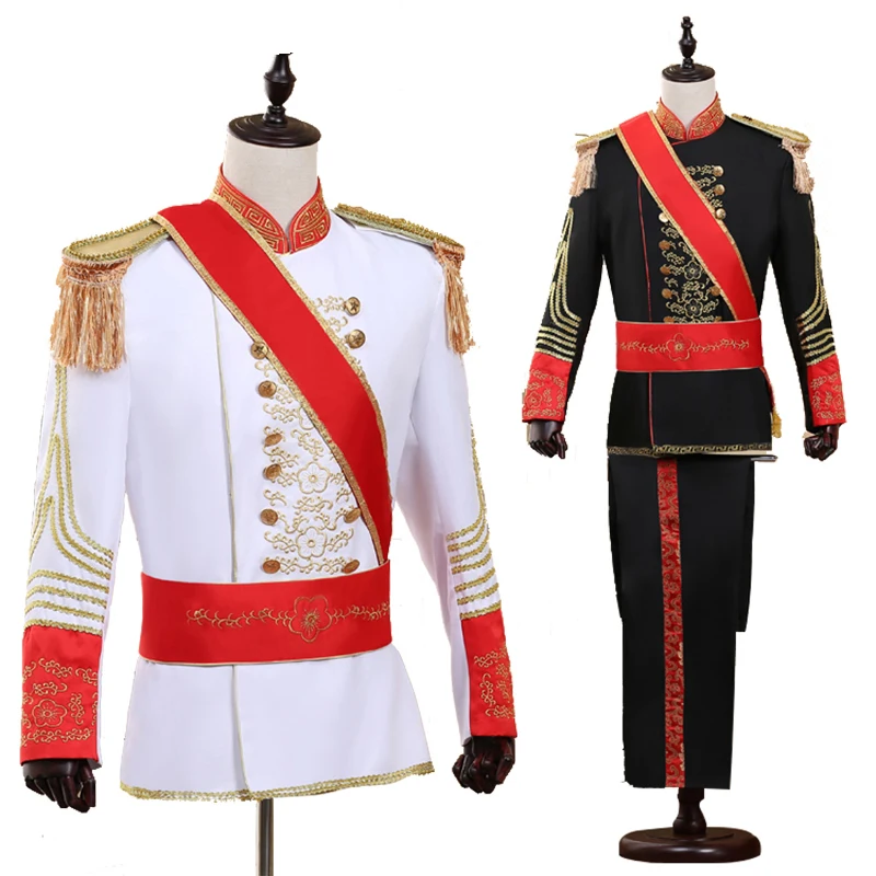 

Men Military Uniform Suits Palace Prince Suit Marshal Soldier Honour Guard Dress Stage Costumes Music Singer Host Black White