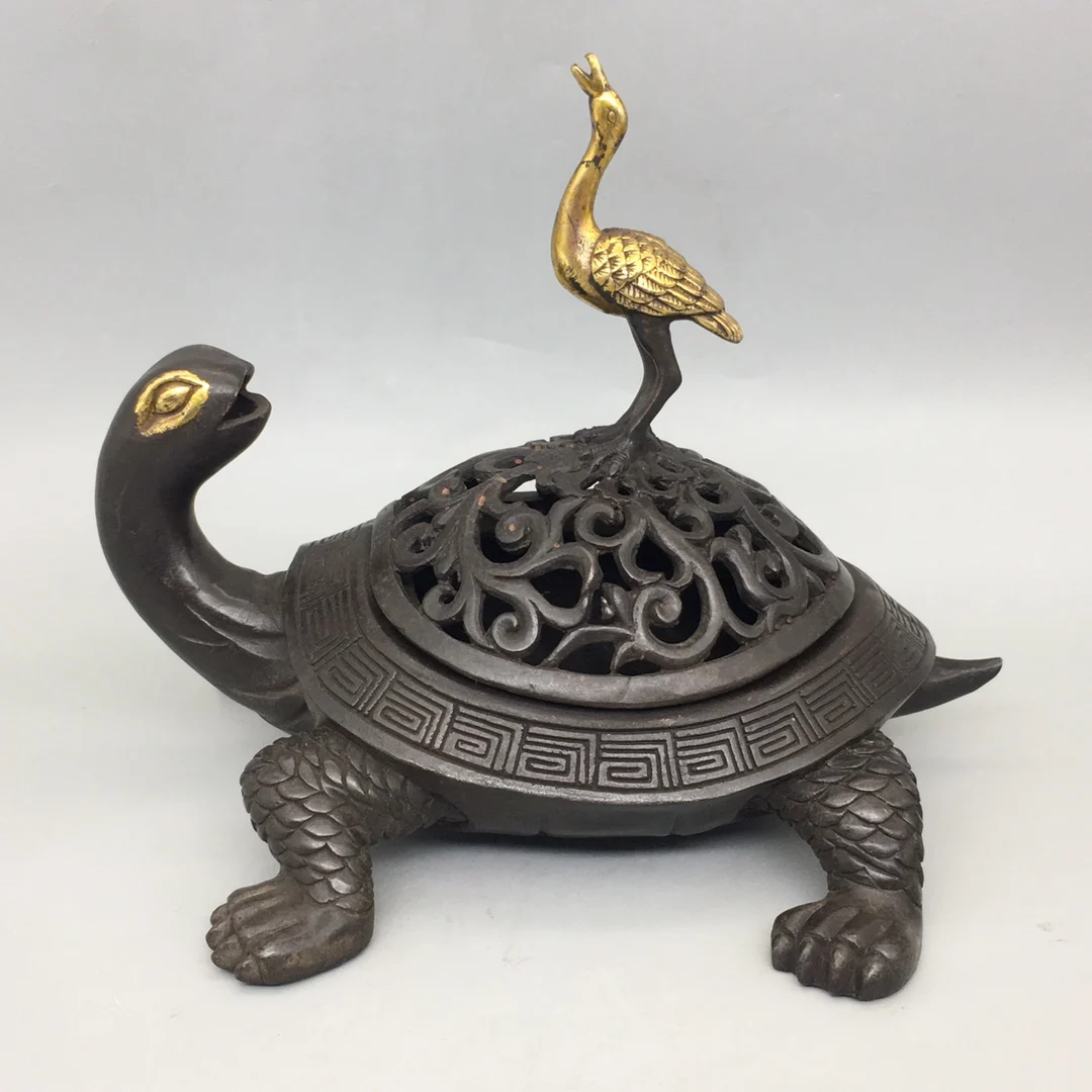 

Exquisite Chinese antique bronze gilded turtle and crane statue incense burner decoration collection