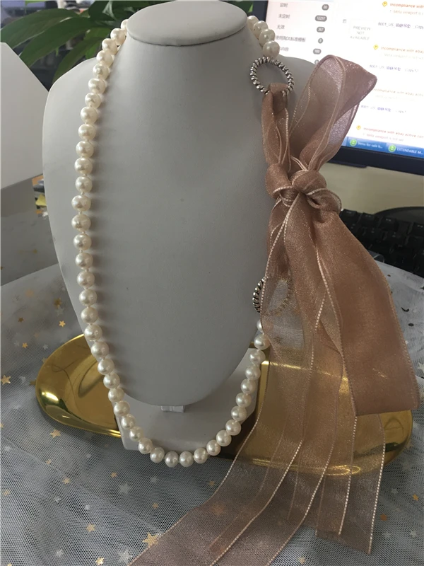 HABITOO 9-10mm White Cultured Freshwater Pearl Pink Bundled Ribbon Design Elegant Necklace Jewelry 24inchs