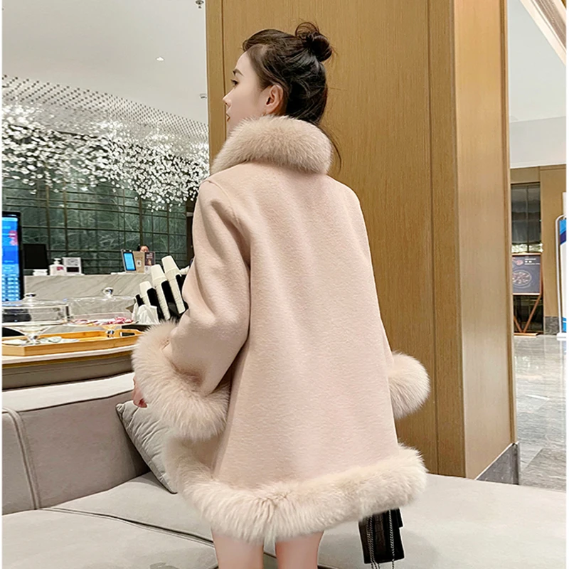 Winter Women\'s Woolen Coat Fashion Imitation Fox Fur Mid-Length Jacket Female Double-Sided Wool Cloak Thick Warm Outerwear 2025