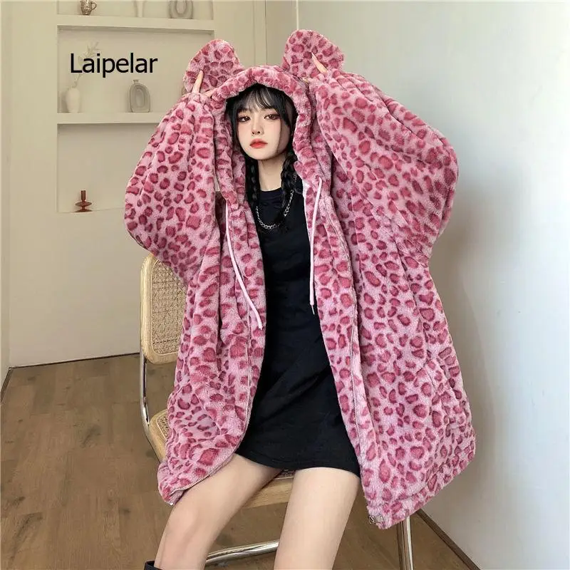 Autumn Winter Women\'s Fur Coats Leopard Think Warm Female Overcoats Loose Woman Hoodies Lady Outerwear Jackets