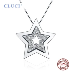 CLUCI Real 925 Sterling Silver Double Star Shaped Pendant for Women Necklace Jewelry Making Zircon Charms Only Pendant DP001SB