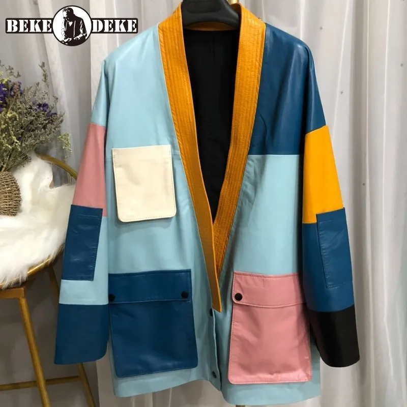 Abrigo de piel de oveja con cuello en V para mujer, ropa de calle de diseñador, chaqueta de cuero genuino holgado con una hilera de botones, abrigo de lujo para oficina