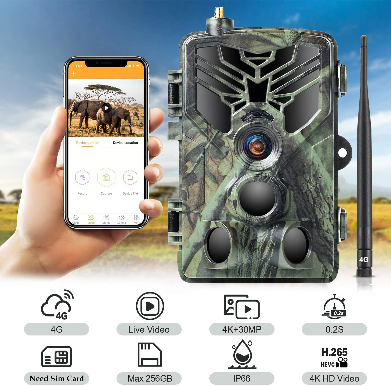 4K Live Video APP Trail Camera Cloud Service Wildlife Hunting Cameras Stream Media 4G Wireless 30MP Night Vision HC810PRO