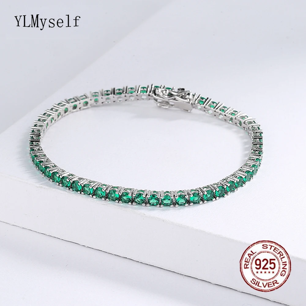 Prawdziwa srebrna metalowa bransoletka tenisowa 925 Pave 3MM Zielona cyrkonia 15-21 CM Hip Hop Rock Chain Drobna biżuteria dla kobiet / mężczyzn