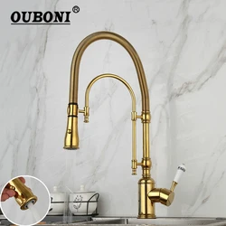 OUBONI Golden Plated Kitchen Faucet Vessel Sink Swivel Faucet Washbasin Mixer Taps W/ Pull Down Spring 2 Ways Spray Basin Mixer