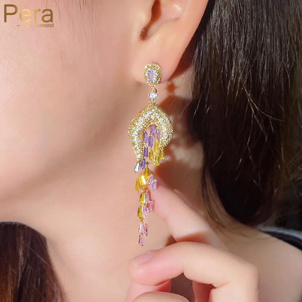 

Pera Elegant Wedding Jewelry Full Zircon Gold Color Long Tassel Colorful Pink Baguette CZ Dangle Drop Earrings for Women E794