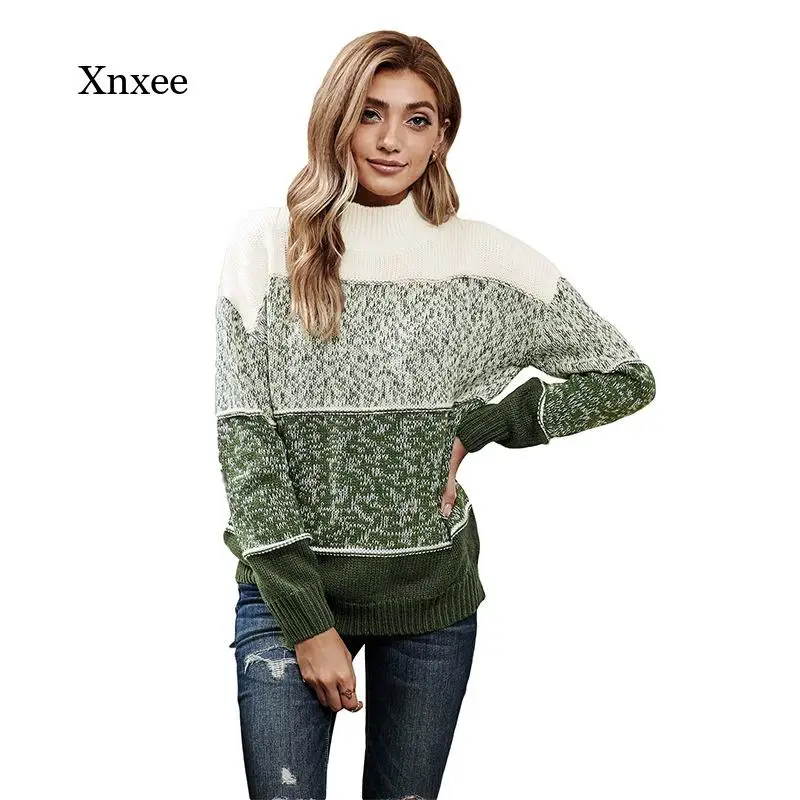 Turtleneck Sweater Slim Autumn Winter Ladies Stitching Patchwork Color Loose Full Sleeve Casual Fashion Pullovers Women Tops