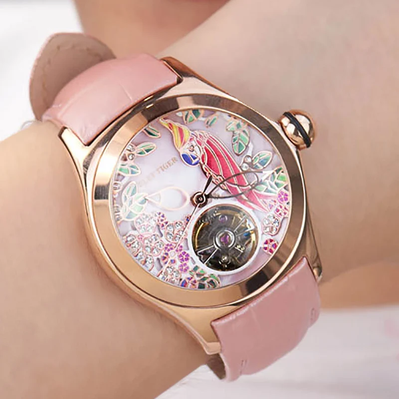 Reef Tiger Top Brand Luxury Women Watches Pink Dial Leather Strap Tourbillon Mechanical Watch Rose Gold Fashion Waterproof Watch