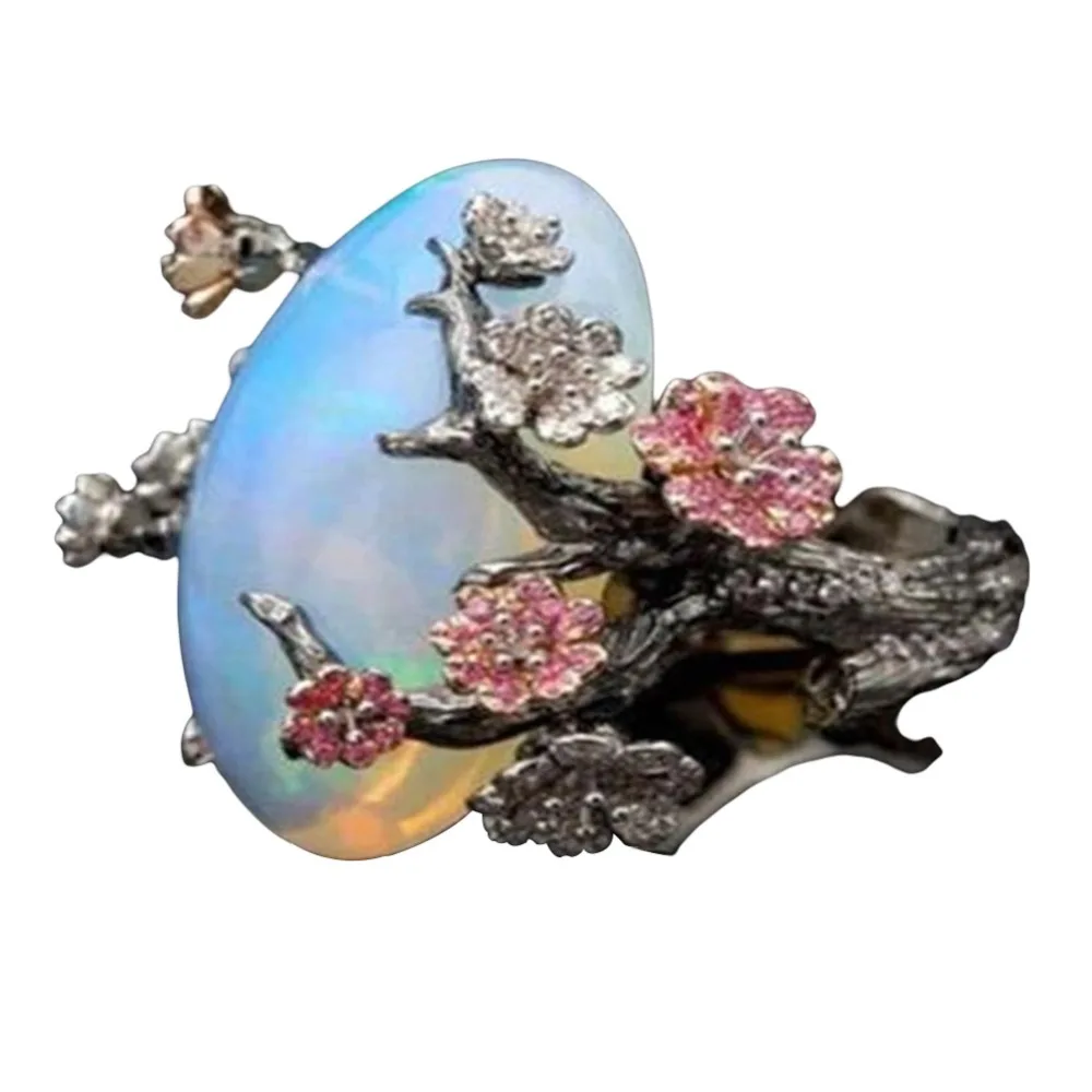 Milangirl Vintage Black White Fire Opal Tree Flower Wedding Rings for Women Fashion CZ Stone Ring Plum Blossom Gift Jewelry