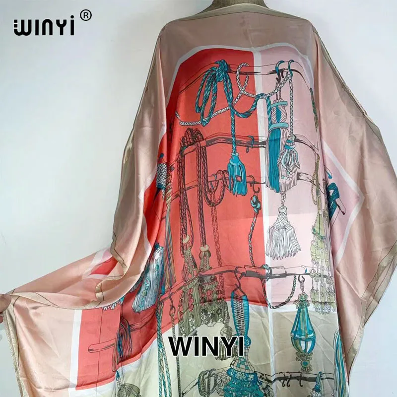 WINYI Fashion Printed Free Size Summer robe Women's silk like kaftan Dashiki African loose Abaya  match scarf BOHO dress